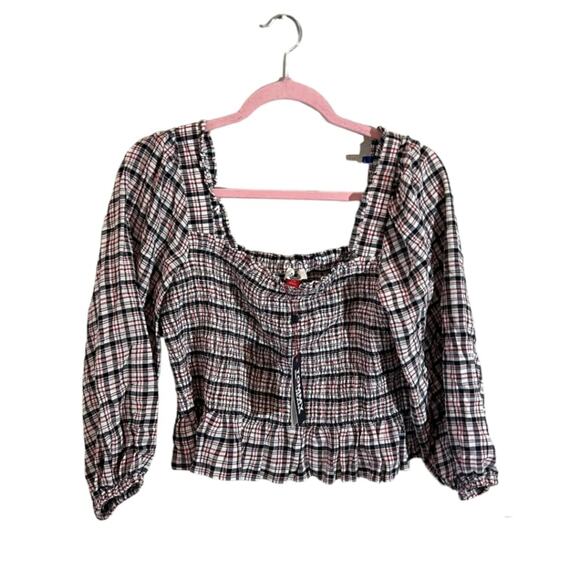 Tommy Jeans Plaid Smocked Peplum Top Womens Size L Square-Neck Multicolor NEW - Picture 1 of 4